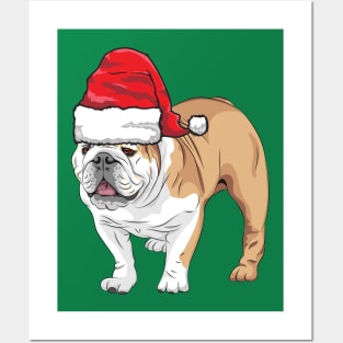 Santa Hat-Wearing Cute Bulldog Funny Christmas Holiday Posters and Art